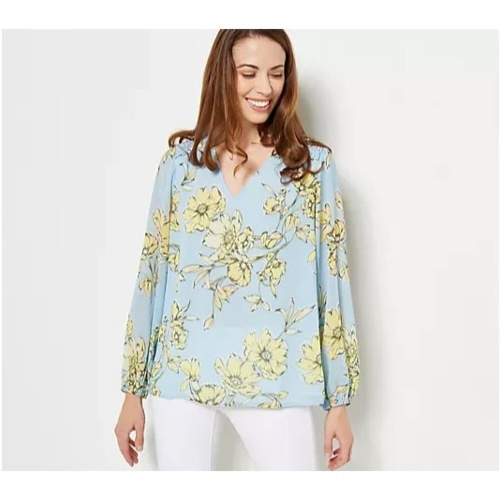 Belle by Kim Gravel Chiffon Overlay Blouson Blossom Blouse Ice Water XL A471027